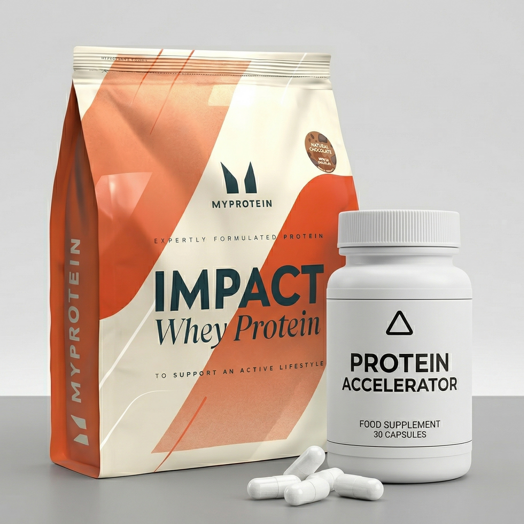 MyProtein Impact Whey Protein package and Protein Accelerator supplement on a gray background
